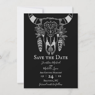 Boho Floral Kuh Skull Schwarz und Weiß Hochzeit Save The Date