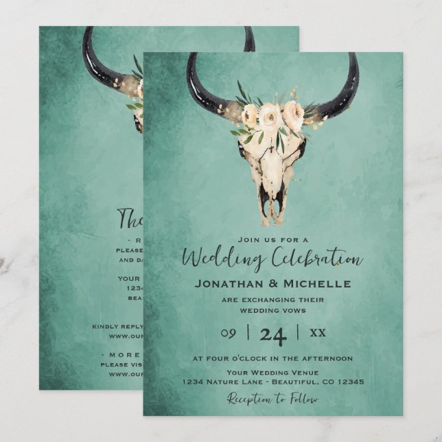 Boho Floral Kuh Skull Türkis All in One Wedding Einladung (Vorne/Hinten)