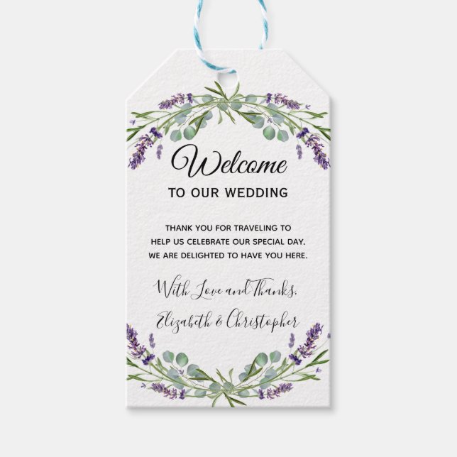 Boho Floral Lavender Eucalyptus Wedding Willkommen Geschenkanhänger (Vorderseite)