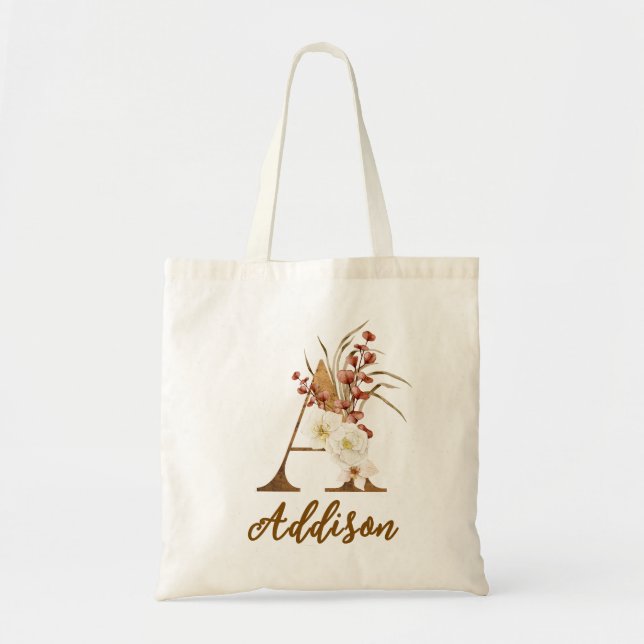 Boho Floral Letter A Monogram Gastgeschenk Hochzei Tragetasche (Vorne)