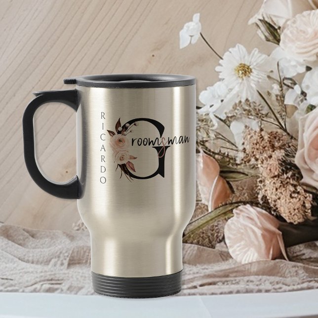 Boho Floral Letter Trauzeuge Reisebecher (Personalized Groomsman travel mug with boho floral letters)