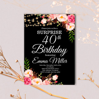 Boho Floral & Lights Überraschung 40. Geburtstag Einladung