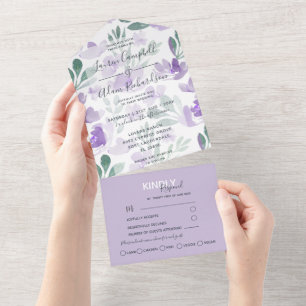 Boho Floral Lila Muster Wasserfarbenhochzeit All In One Einladung