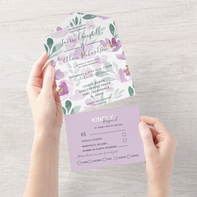 Boho Floral Lila Watercolor Hochzeit All In One Einladung (Abreißen)