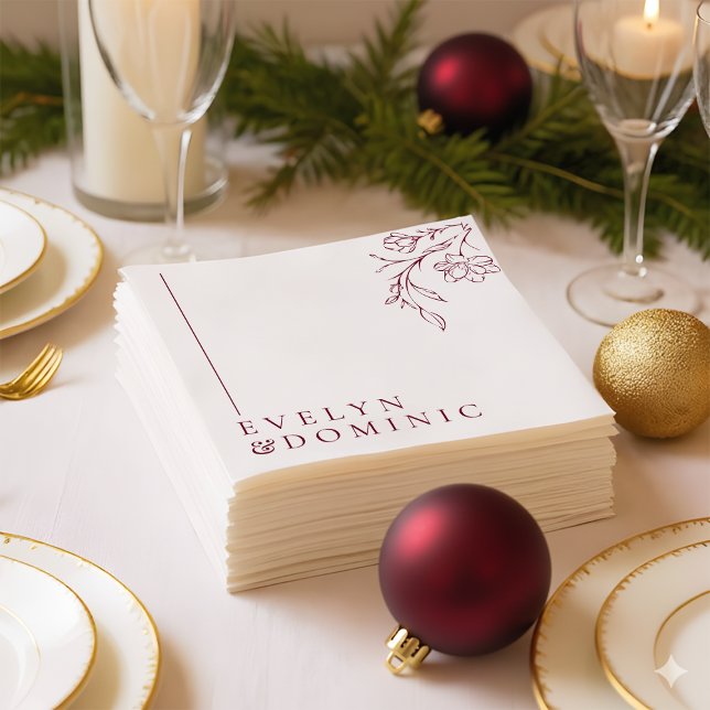 Boho Floral Line Art Burgundy Wedding Party Serviette (Von Creator hochgeladen)