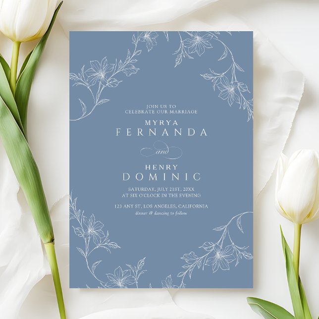 Boho Floral Line Art Dusty Blue Wedding Einladung (Von Creator hochgeladen)