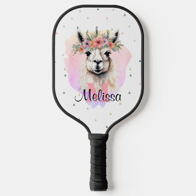 Boho Floral Llama Wildblumen Monogramm Hübsch Pickleball Schläger (Vorderseite)
