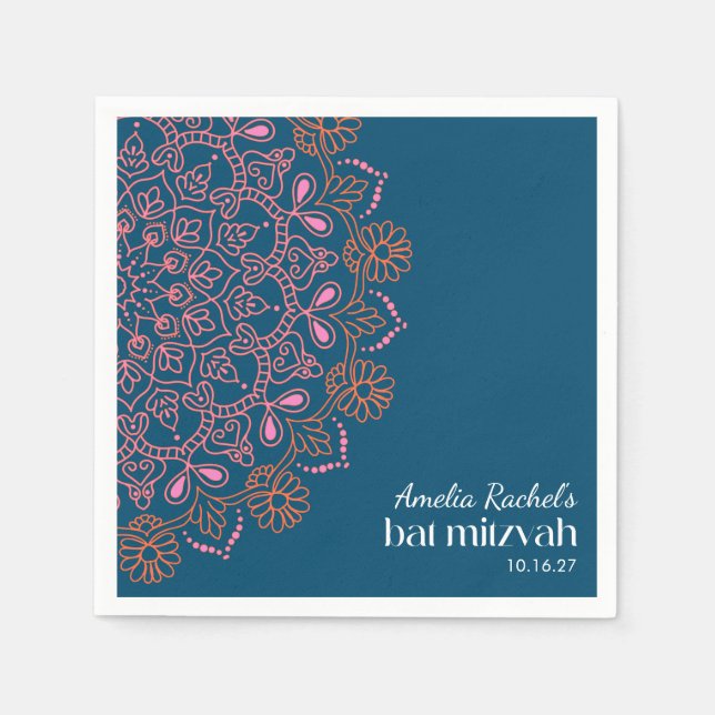 Boho Floral Mandala Aquamarin Blue Bat Mitzvah Cus Serviette (Vorderseite)
