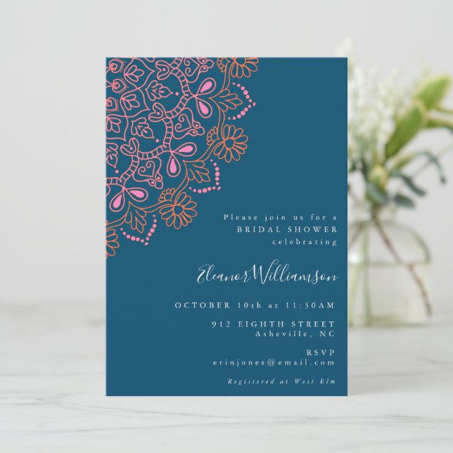 Boho Floral Mandala Aquamarin Blue Brautparty Einladung (Stehend Vorderseite)
