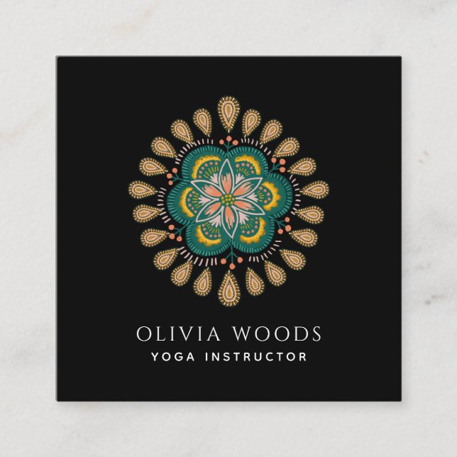 Boho Floral Mandala Yoga Instructor Quadratische Visitenkarte (Vorderseite)