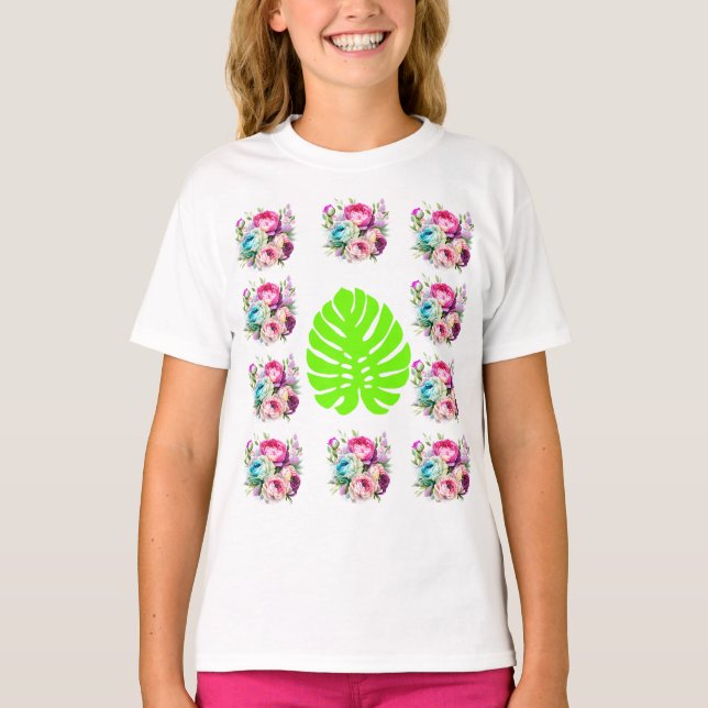 Boho Floral Muster mit grünem Leaf T-Shirt (Vorderseite)