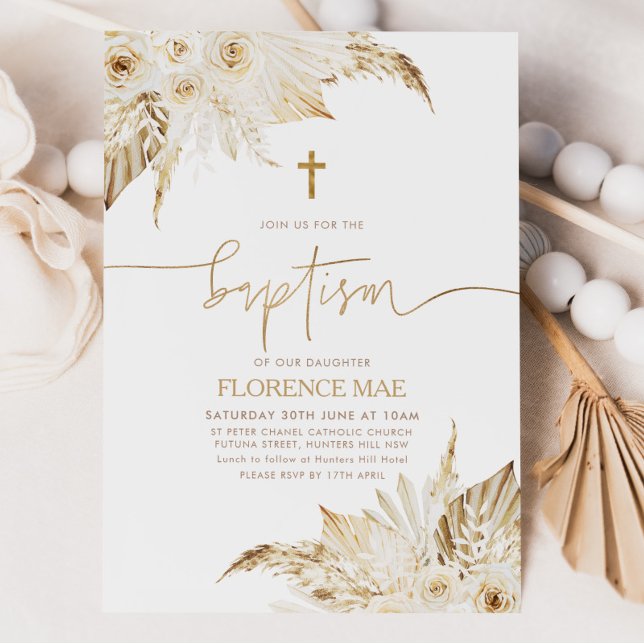 Boho Floral Neutral Girls Taufe Christening Einladung (Boho Baptism Invitation)