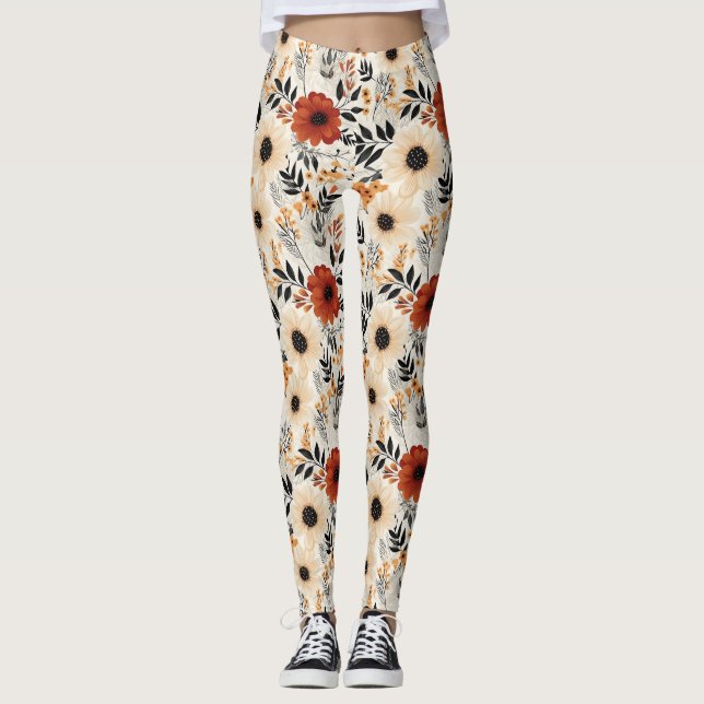 Boho Floral Niedlich Black Orange Blue Creme Leggings (Vorderseite)