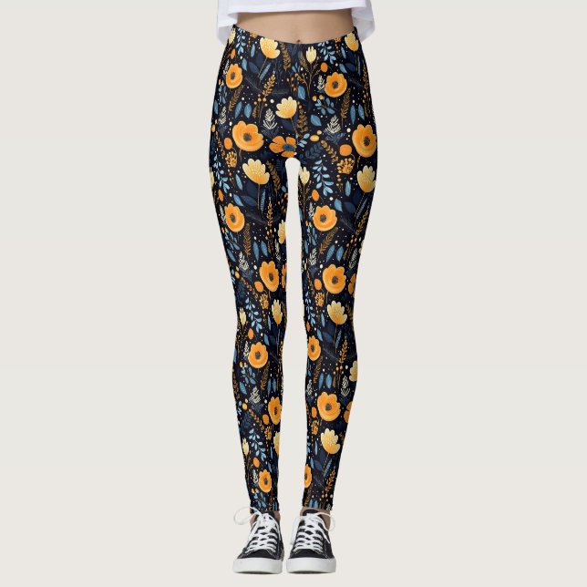 Boho Floral Niedlich Black Orange Blue Leggings (Vorderseite)