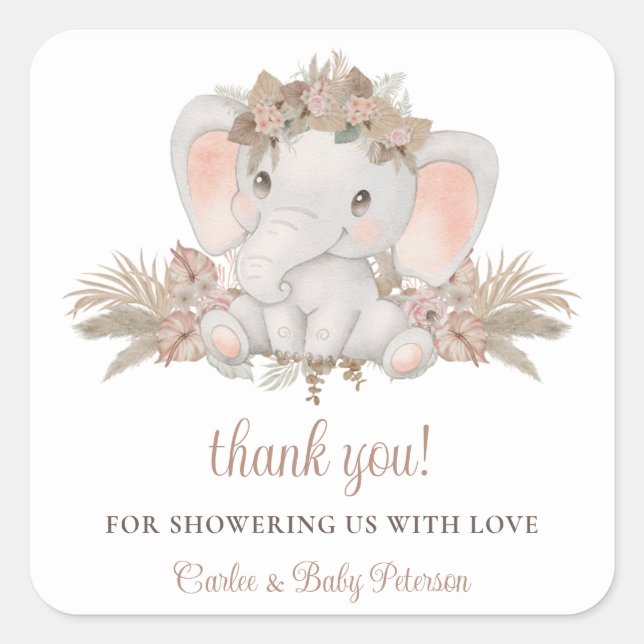 Boho Floral Niedlich Elephant Baby Shocker Quadratischer Aufkleber (Vorderseite)