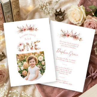 Boho Floral One Word Pink First Birthday Einladung