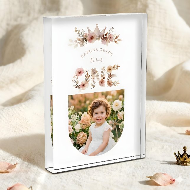 Boho Floral One Word Pink First Birthday  Fotoblock (Boho Floral Acrylic First Birthday Photo Block with Romantic Watercolor Number One, Wildflower Frame)