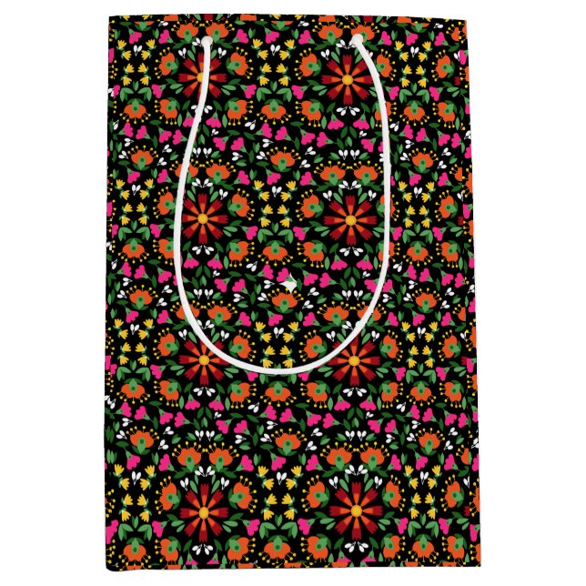 Boho Floral Orange Pink Black Green Mittlere Geschenktüte (Vorderseite)