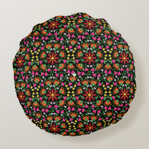 Boho Floral Orange Pink Black Green Rundes Kissen