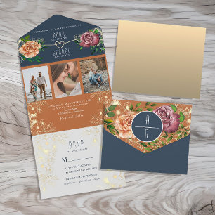 Boho Floral Orange und Navy Blau Hochzeit All In One Einladung
