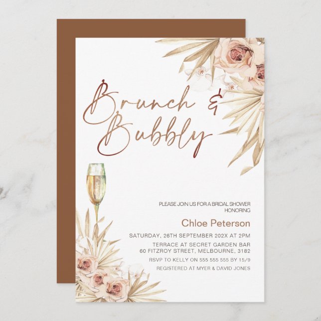Boho Floral Palm Brunch Bubbly Brautparty Einladung (Vorne/Hinten)