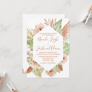 Boho Floral, Palm und Pampas terracotta Hochzeit Einladung