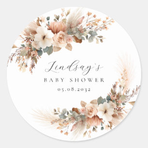 Boho-Floral Pampas Gras Baby Shower  Runder Aufkleber