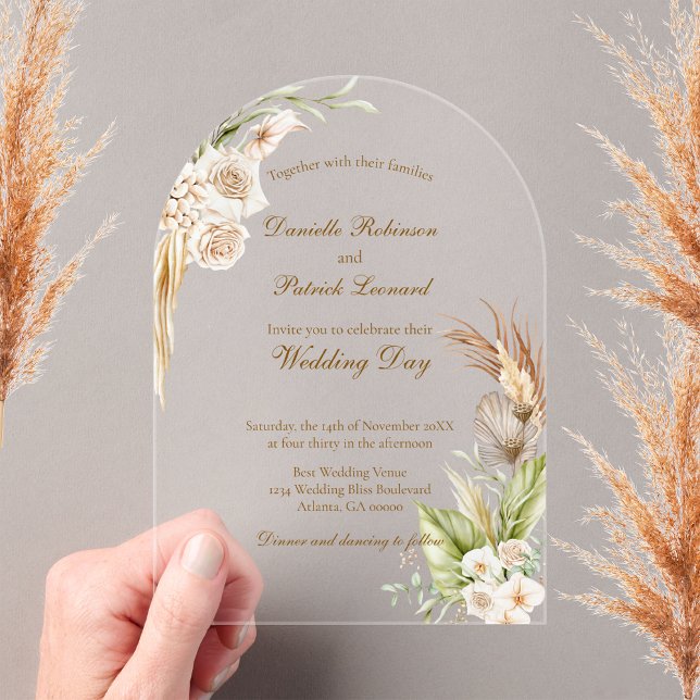 Boho Floral Pampas Grass Earth Tones Wedding Acryleinladungen (Von Creator hochgeladen)