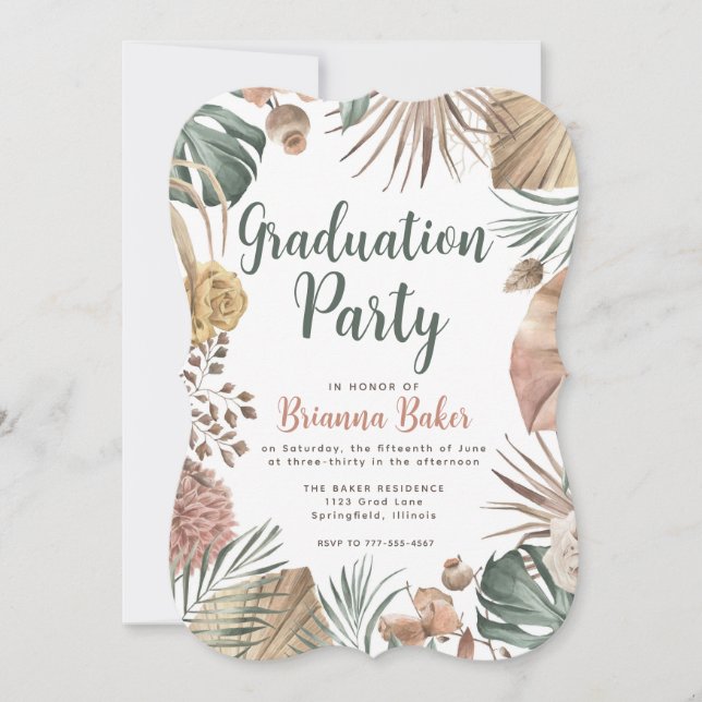 Boho Floral Pampas Grass Graduation Party Einladung (Vorderseite)