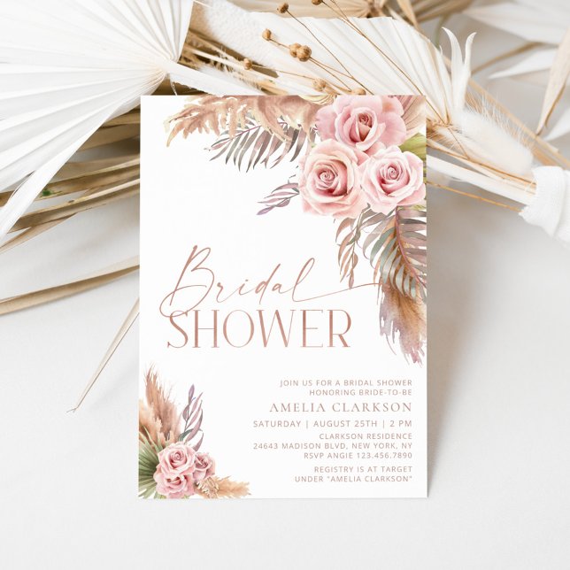 Boho Floral Pampas Rose Gold Brautparty Einladung (Von Creator hochgeladen)