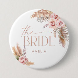 Boho Floral Pampas Rose Gold Bride Button