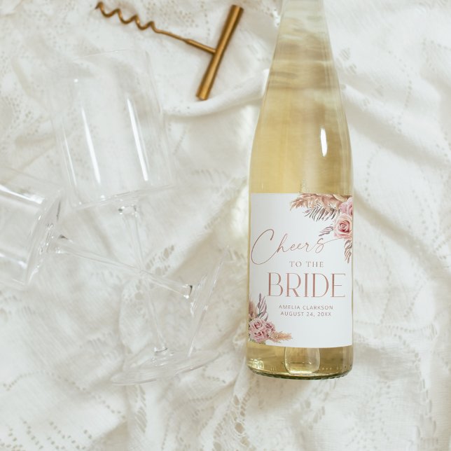 Boho Floral Pampas Rose Gold Cheers Weinetikett (Von Creator hochgeladen)