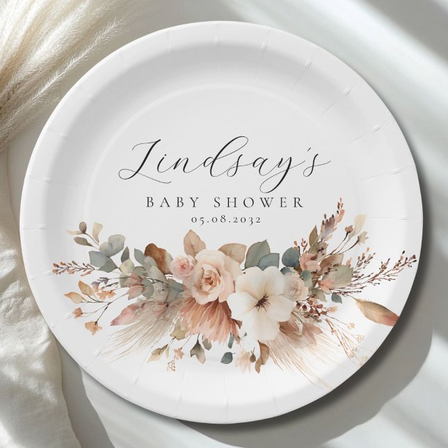 Boho-Floral-Pampasgras-Baby-Shower  Pappteller (Boho Floral Pampas Grass Baby Shower Paper Plates)