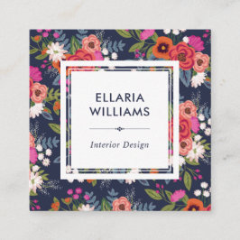 Boho Floral Pattern - Coral & Navy Blue Quadratische Visitenkarte