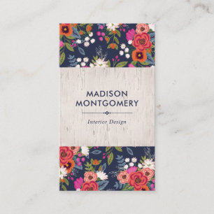 Boho Floral Pattern - Navy Blue & Birch Visitenkarte
