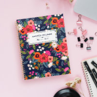 Boho Floral Pattern - Navy Blue & Coral - Name