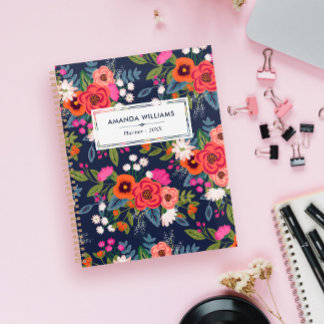 Boho Floral Pattern - Navy Blue & Coral - Name Planer