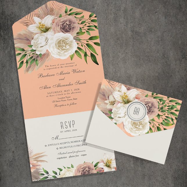 Boho Floral Peach Fuzz Wedding All In One Einladung (Von Creator hochgeladen)