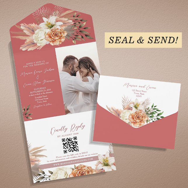 Boho Floral Peach Wedding All In One Einladung (Von Creator hochgeladen)