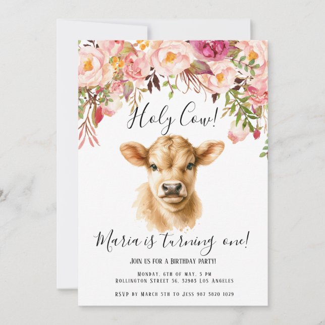 Boho Floral Peony Highland Cow Kindergeburtstag Einladung (Vorderseite)