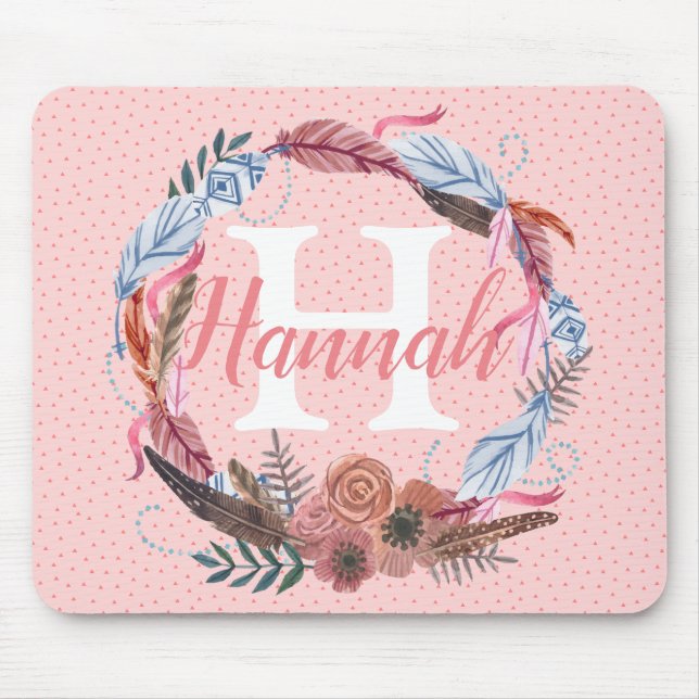 Boho Floral personalisieren Custom Feder Initial Mousepad (Vorne)