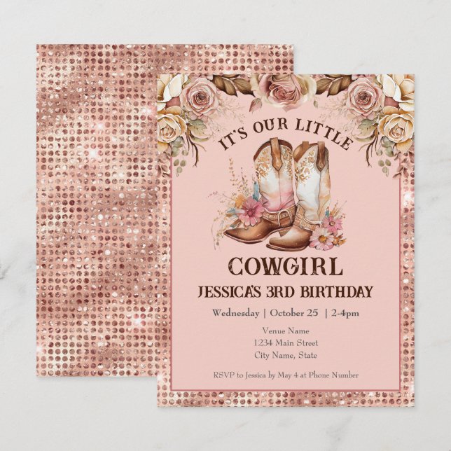 Boho Floral Pink Cowgirl Birthday Rodeo Einladung (Vorne/Hinten)