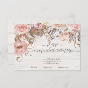 Boho Floral Pink Rose Rustic Wood UAWG Response RSVP Karte