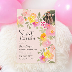 Boho Floral Pink Watercolor Script Foto Sweet 16 Einladung