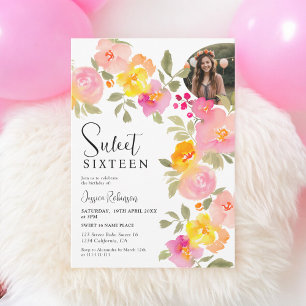 Boho Floral Pink Watercolor Script Foto Sweet 16 Einladung