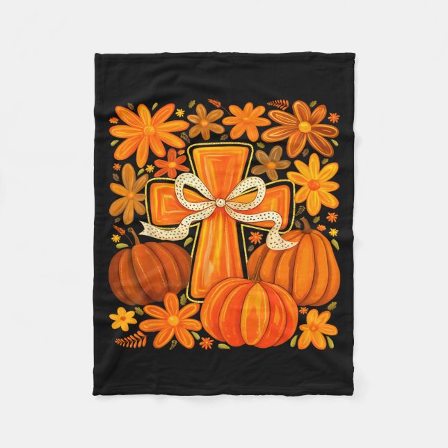 Boho Floral Pumpkin Cross Fall Jesus Christian Fai Fleecedecke (Vorderseite)