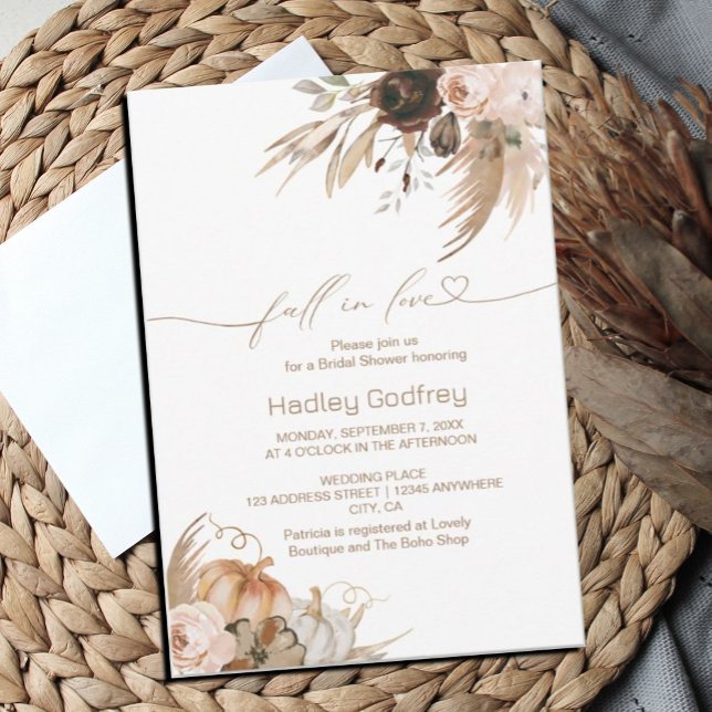 Boho Floral Pumpkin Fall in Liebe Brautparty Einladung (#zazzlemade #bridalshower #fallinlove #pumpkin #bohoinvitation)