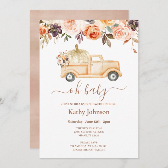 Boho Floral Pumpkin Lieferwagen Truck Baby Shower  Einladung (Vorne/Hinten)
