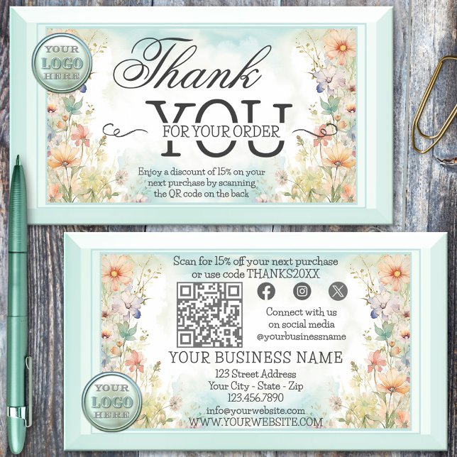 Boho Floral QR-Logo Vielen Dank für Ihre Bestellun Visitenkarte (Girly Thank You for your order business card featuring a boho chic watercolor design with QR code)