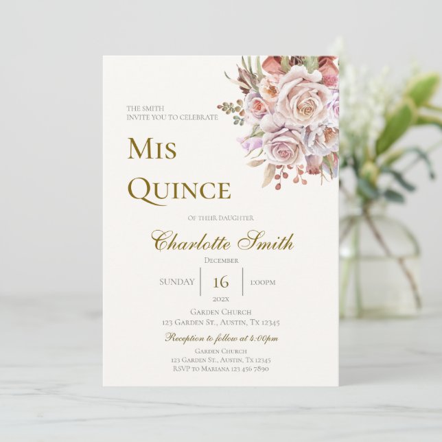 Boho Floral Quinceanera Einladung (Stehend Vorderseite)